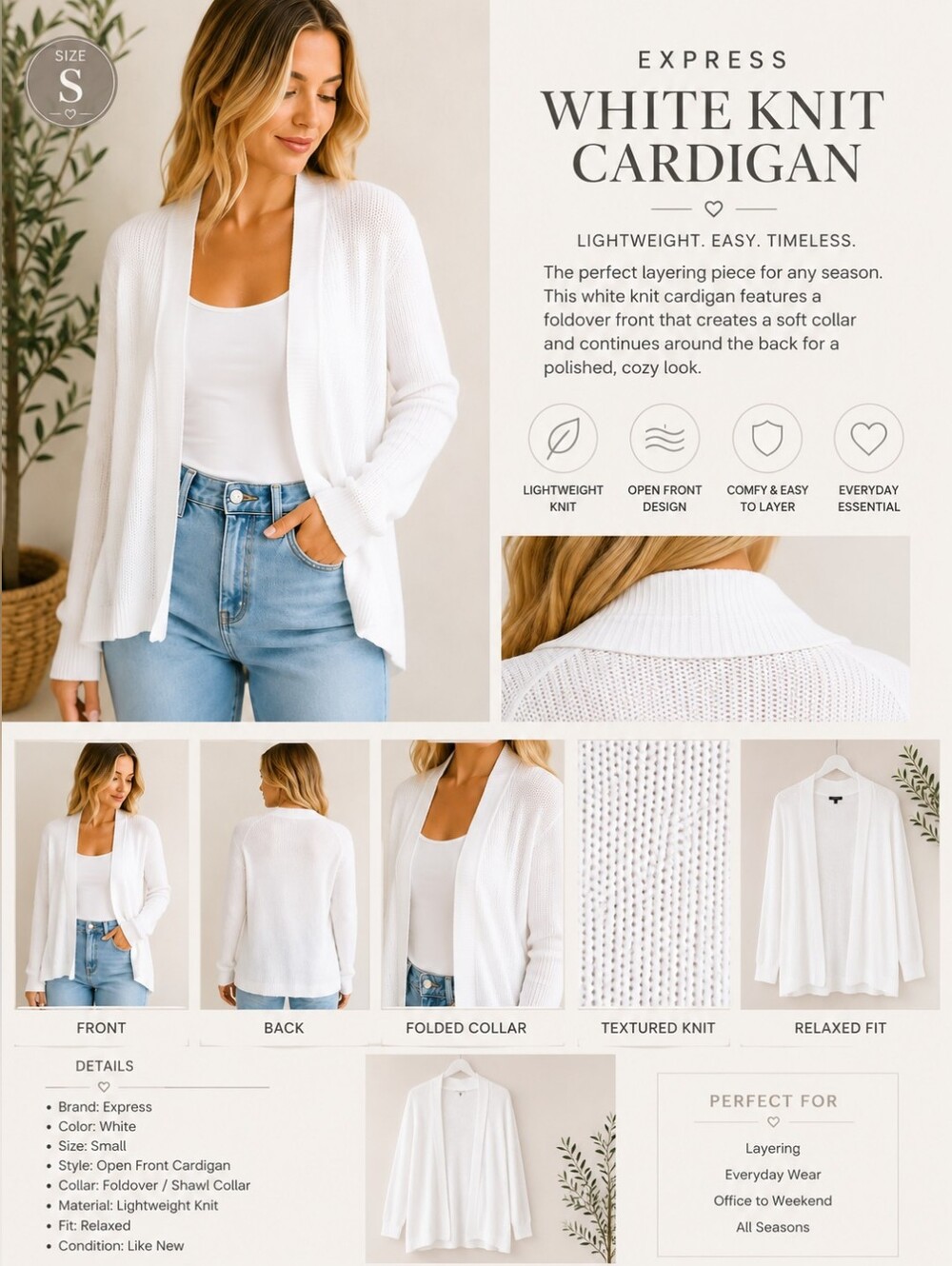 Express White Open Front Cardigan Sweater Knit Layering Top Size S
